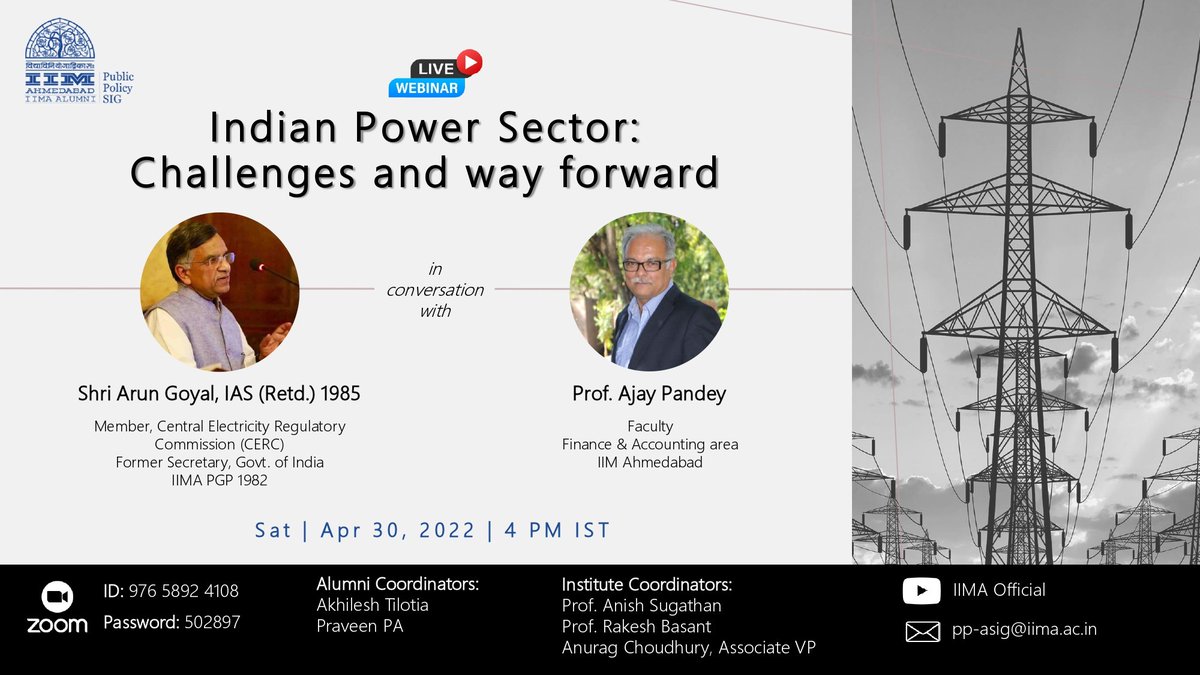 IIMA Alumni Association (@iima_alumni) on Twitter photo Join the live session by <a href="/IIMAhmedabad/">IIM Ahmedabad</a> Public Policy ASIG where <a href="/ArunGoyal59/">Arun Goyal</a> (Member, CERC) shares his thoughts on challenges and the way forward for the Indian Power Sector with our esteemed professor Prof. Ajay Pandey.
Live on: youtube.com/iimaofficial/ Join the live session by <a href="/IIMAhmedabad/">IIM Ahmedabad</a> Public Policy ASIG where <a href="/ArunGoyal59/">Arun Goyal</a> (Member, CERC) shares his thoughts on challenges and the way forward for the Indian Power Sector with our esteemed professor Prof. Ajay Pandey.
Live on: youtube.com/iimaofficial/