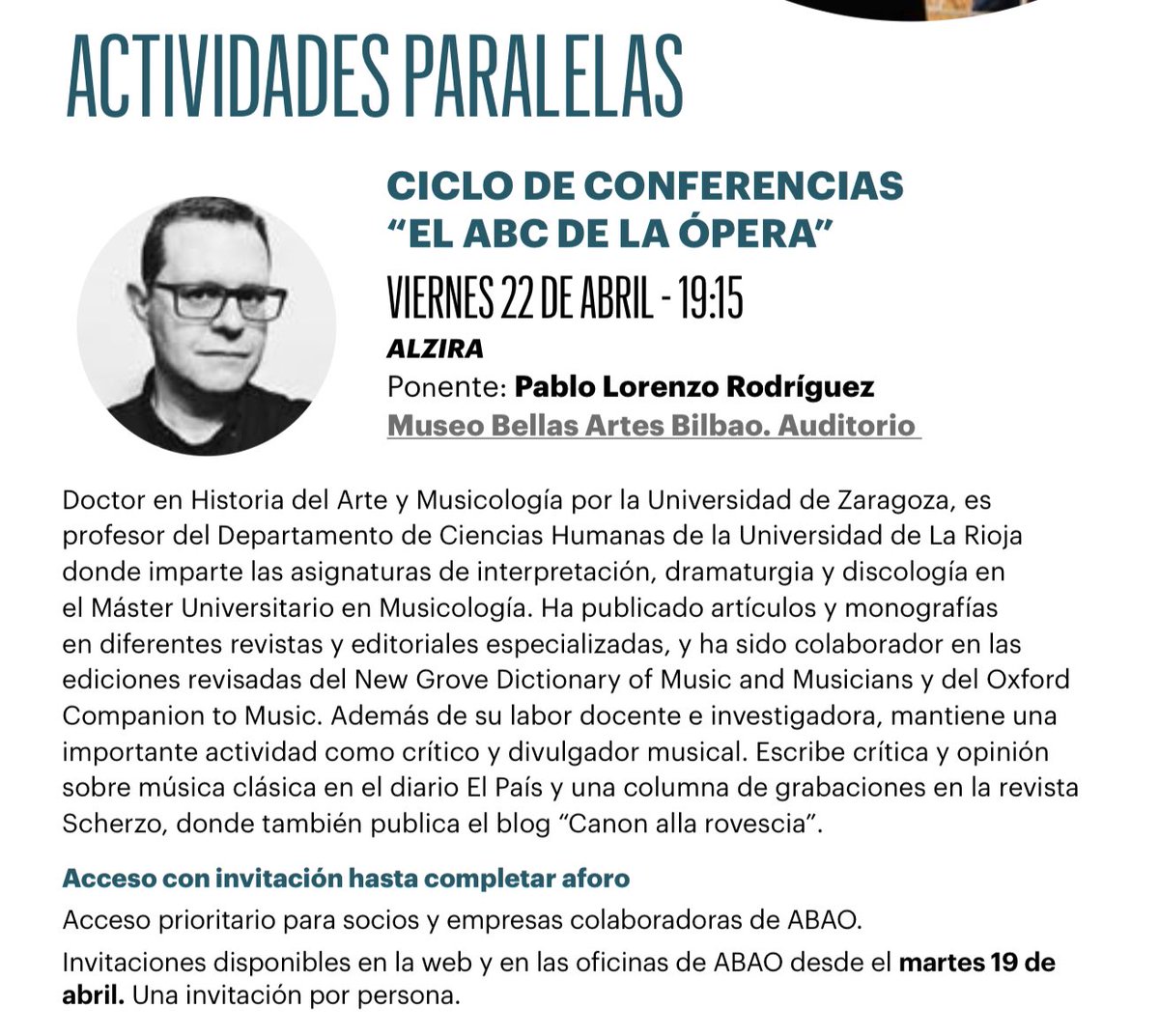 MusicologiaUR's tweet photo. Nuestro compañero @pablolrguez impartirá mañana la conferencia de presentación de #Alzira, el título que cierra el ambicioso proyecto #TuttoVerdi de @ABAOBilbaoOpera. Será a las 19:15 en el @museobilbao ⤵️ https://t.co/vCw7b4uLAp