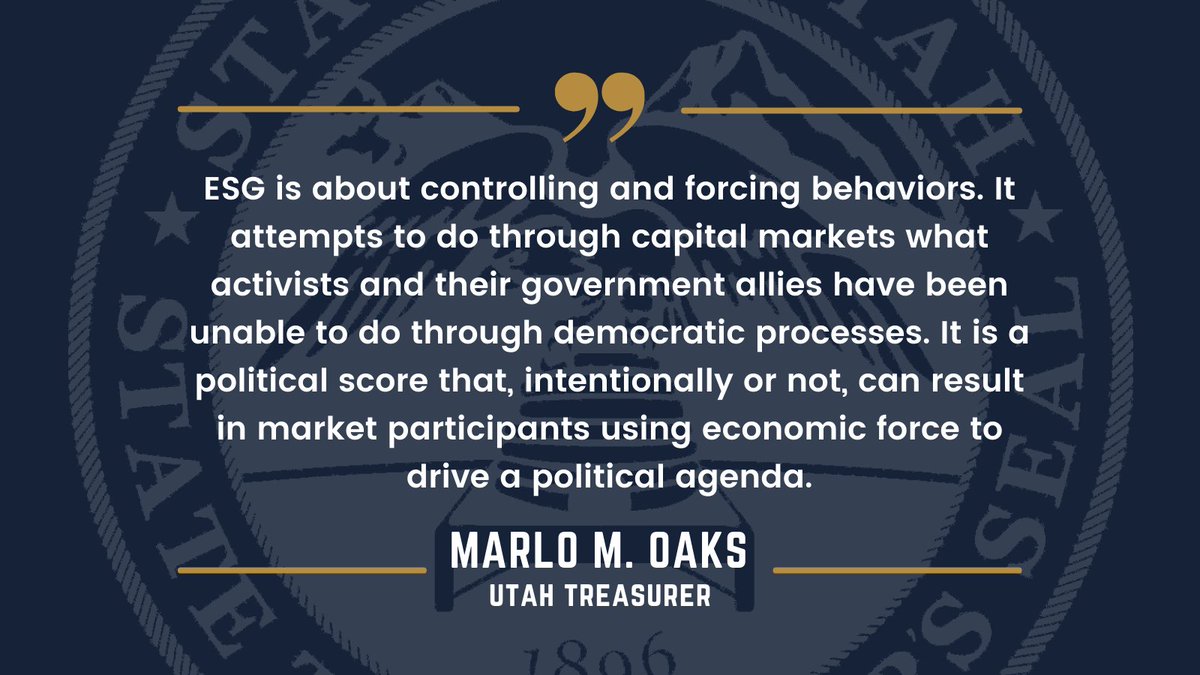 In an effort coordinated by <a href="/TreasurerOaks/">Treasurer Marlo Oaks</a> &amp; <a href="/SeanReyesUT/">Sean Reyes</a>, Utah's Congressional delegation &amp; state leaders sent a letter to <a href="/SPGlobal/">S&P Global</a> demanding it withdraw its ESG credit indicators for states &amp; state subdivisions #utpol 

Statement: bit.ly/3ExRD7Q