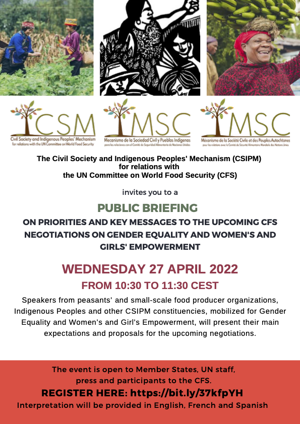 CSM4CFS's tweet photo. #PublicBriefing with speakers from peasants’ and small-scale food producer organizations,Indigenous Peoples, and other #CSIPM constituencies, mobilized for #GenderEquality &amp; Women’s and Girl’s Empowerment. 
⏰27 April | 10:30 CEST
✍️Register here: https://t.co/oAfc1Zp6EZ
JOIN US! https://t.co/EYHDK6P8ix