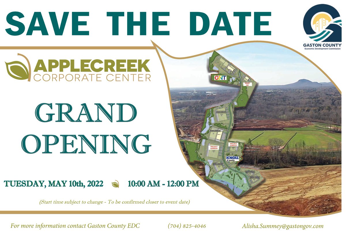 GastonCountyEDC's tweet photo. The Gaston County EDC is excited to announce the official Grand Opening of the Apple Creek Corporate Center.  The Grand Opening will be on Tuesday, May 10th at 10:00 am.  The event will take place at Lot 14 on the Apple Creek Parkway.  There will be officials directing traffic. https://t.co/kaWw8hmjj8