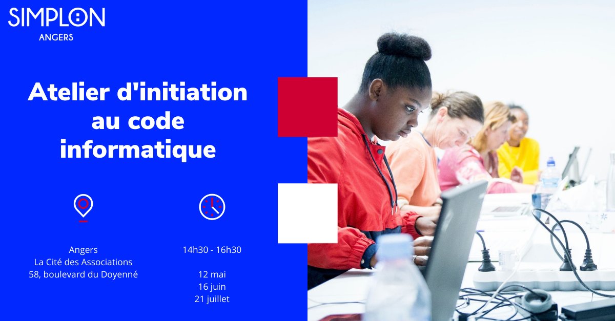 🔥Atelier d'initiation au code informatique🔥

🤗 Ouverts à tous.tes. gratuit. matériel fourni.

Le nombre de places est limité alors n’attendez pas pour vous inscrire 👉ow.ly/kxKj50Ix6ri

#inclusion #coding #code #technologie #numérique #informatique