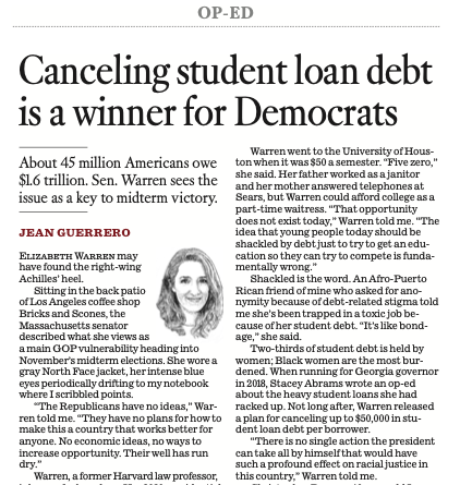 jeanguerre's tweet photo. “There is no single action the president can take all by himself that would have such a profound effect on racial justice in this country," @ewarren tells @latimes. 

Here's the case for canceling student loan debt for tens of millions of Americans ASAP: https://t.co/io7GFoGLCY https://t.co/BixcpaNTc1