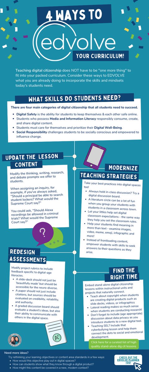 DigCitDoctors's tweet photo. It's time to #edvolve your #digcit curriculum and instruction. Check out this infographic for ideas. Dive even deeper with our online course: https://t.co/1RtjWR50Ho https://t.co/horu26Kyz2