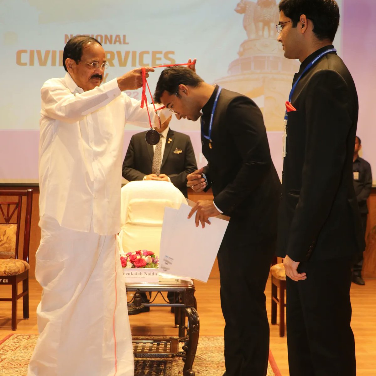 Ramsundar_IFS's tweet photo. On the gracious occasion of National #CivilServicesDay, our team was awarded 🏆 by Hon'ble Vice President for the 'Best Play' and I was appreciated with 🥉 medal for best performance in PT. 

#nationalcivilserviceday #foundationcourse #MCRHRD #beingIFS https://t.co/J5fxWlxV27