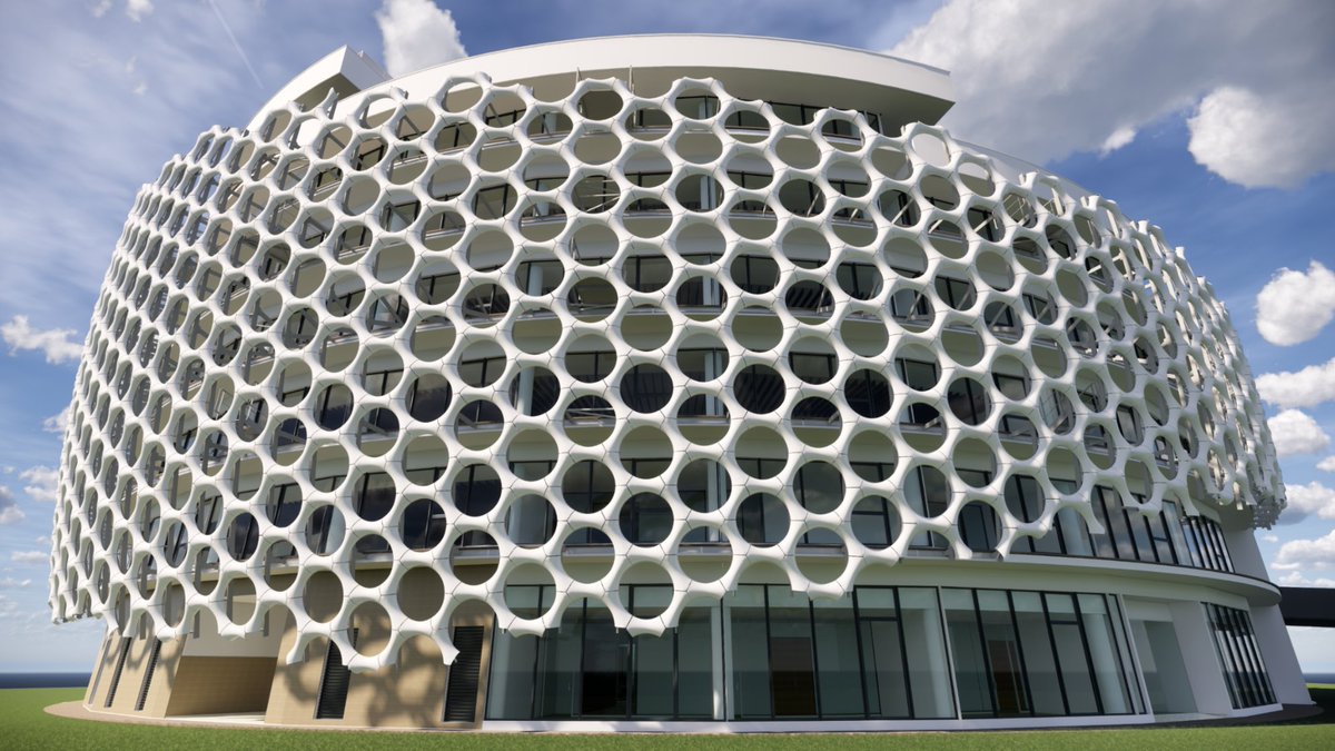 Dassault3DS's tweet photo. Dassault Systèmes 🤝 Jet Contractors, worked together to virtually develop a unique facade encircling the new Orange Côte d'Ivoire headquarters. The result? 4,000 double curved parts perfectly weaved together to represent a golf ball-like design! 🏌🏽‍♀️ https://t.co/4qiro72v9p