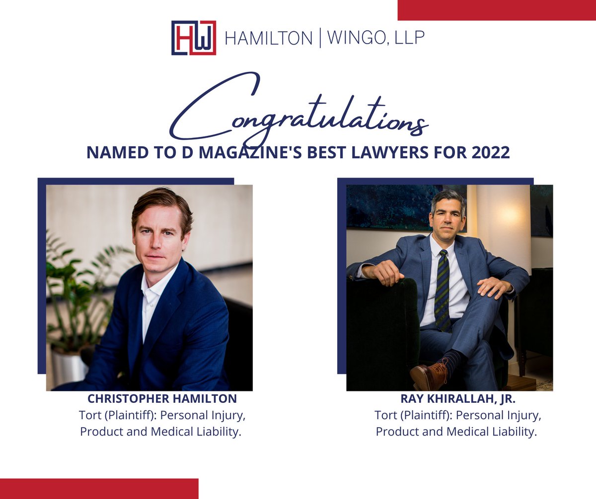 HamiltonWingo1's tweet photo. Congratulations to Chris Hamilton and Ray Khirallah, Jr. for being selected among the top attorneys in Dallas by @DMagazine 

https://t.co/fbPoMXExfp

#bestlawyers #dallasattorney https://t.co/WKU5oDFiPa