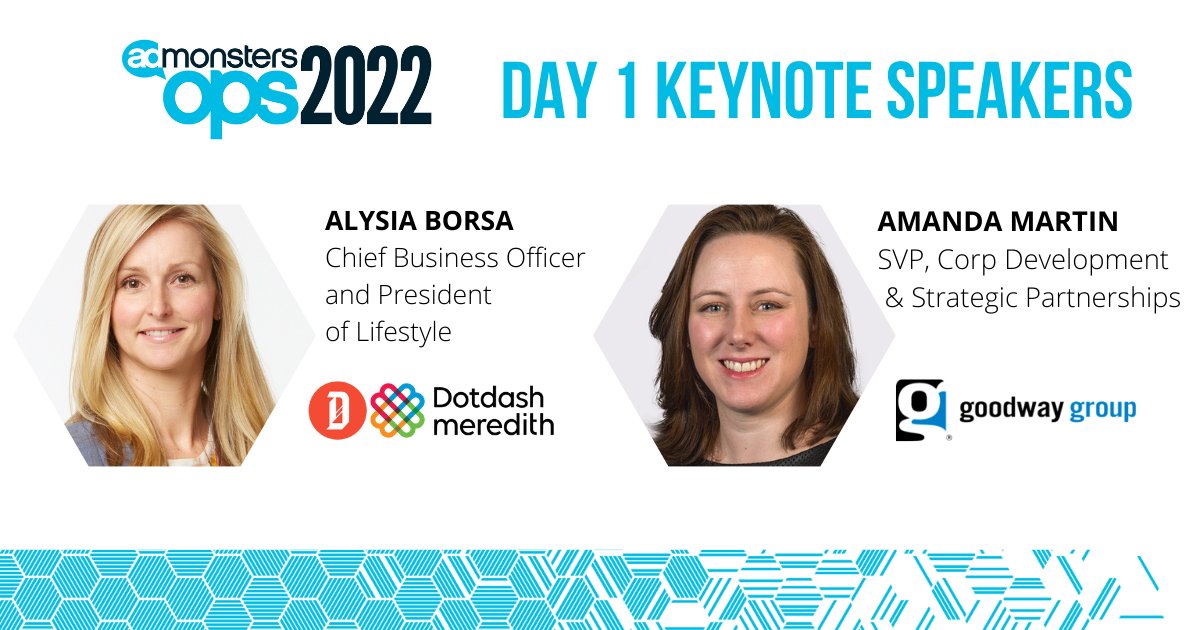 AdMonsters's tweet image. Announcing our #AdMonstersOps Day 1 Keynotes! Kicking off the event, Amanda Martin of the Goodway Group will keynote the #Programmania workshop and Alysia Borsa of Dotdash Meredith will keynote #DataandIdentity workshop: admonsters.com/events/2022-op…