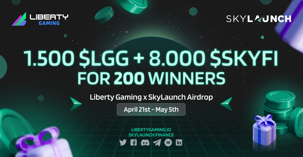SkyLaunch (@skylaunchdefi) on Twitter photo The whole is greater than the sum of its parts! What could be better than two #Web3 projects joining forces? To celebrate the alliance between SkyLaunch & <a href="/LibertyGaming/">Liberty Gaming</a> we announce an #Airdrop! 🥳
1,500 $LGG and $8,000 $SKYFI for winners!
Rules here: bit.ly/SLxLGairdrop The whole is greater than the sum of its parts! What could be better than two #Web3 projects joining forces? To celebrate the alliance between SkyLaunch & <a href="/LibertyGaming/">Liberty Gaming</a> we announce an #Airdrop! 🥳
1,500 $LGG and $8,000 $SKYFI for winners!
Rules here: bit.ly/SLxLGairdrop