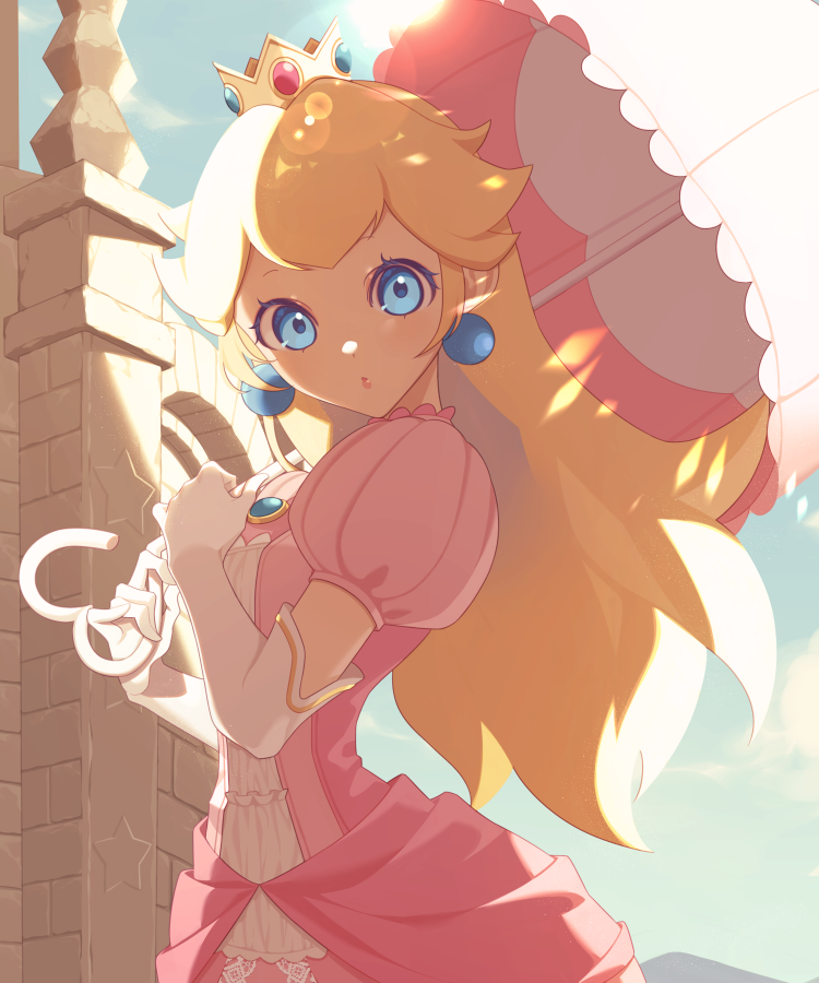 princess peach 1girl pink dress umbrella dress blonde hair solo blue eyes  illustration images