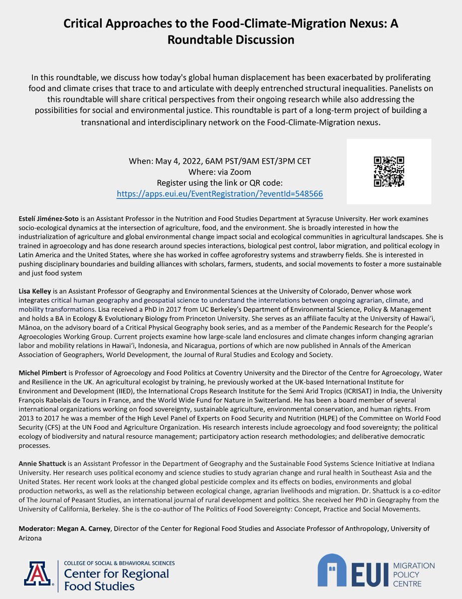 Join us on Wednesday, May 4th for "Critical Approaches to the Food-Climate-Migration Nexus: A Roundtable Discussion" 

Register here: apps.eui.eu/EventRegistrat…