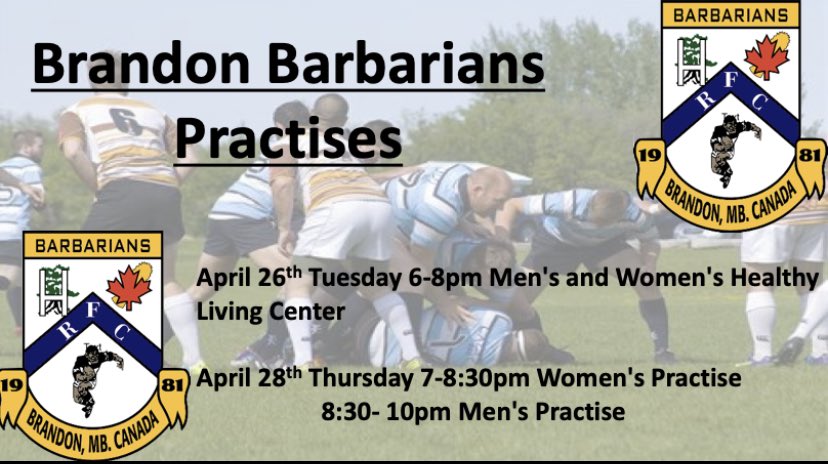 ATTENTION!!! Practises will start next week at the Healthy Living Center! Tuesday 6-8 for both mens and Women’s teams and Thursday 7-830 Women’s and 830-10 mens! Everyone come out and try rugby!!