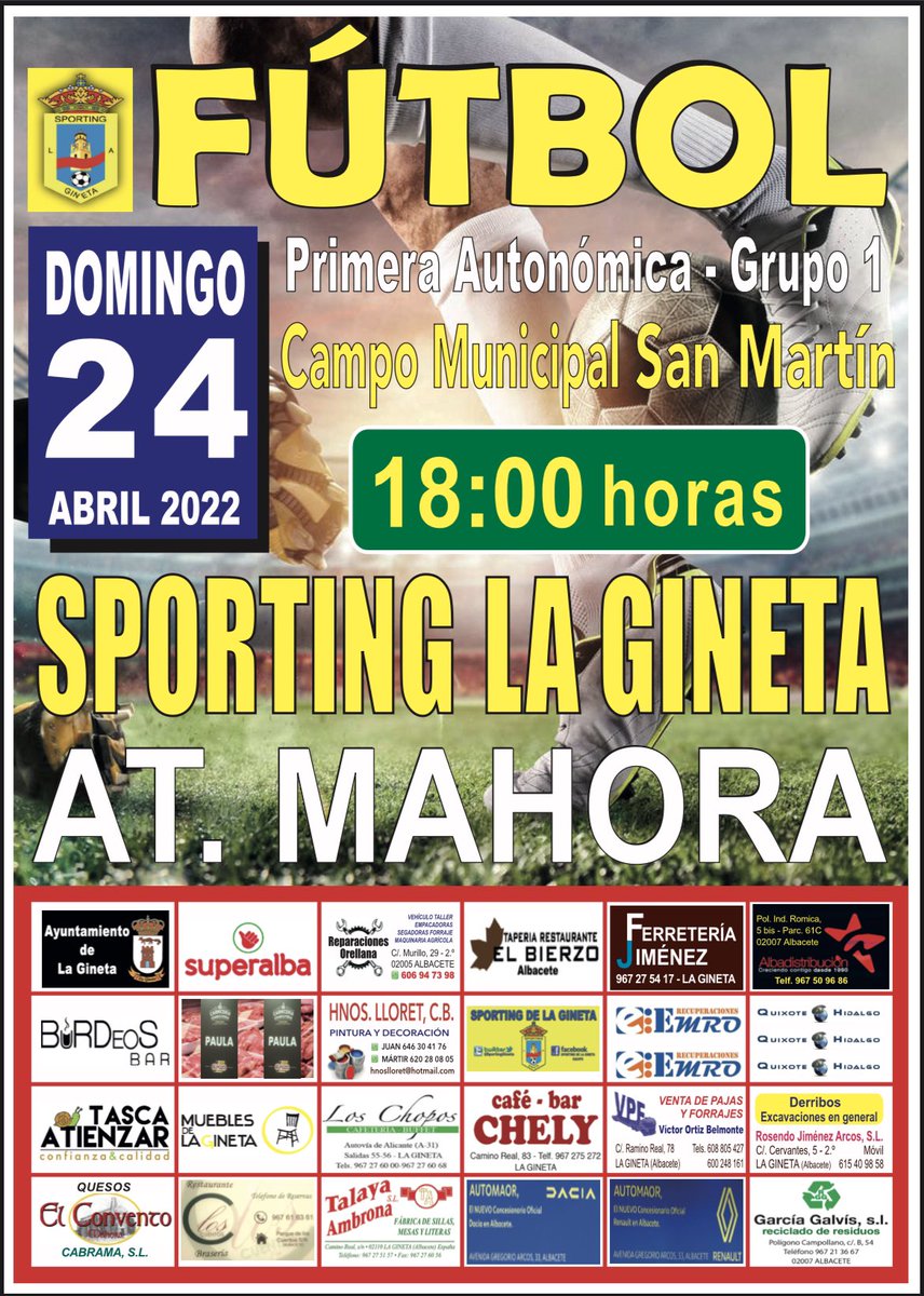 Proximo partido!! 
🗓DOMINGO 24 ABRIL
⏰18:00h
⚽️Campo Municipal San Martin.
<a href="/SportingGineta/">SPORTING LA GINETA</a> 
vs
<a href="/AtcoMahoraInfo/">Atlético Mahora</a> 
Os esperamos a socios y a toda la afición futbolera!!💪🏼⚽️
