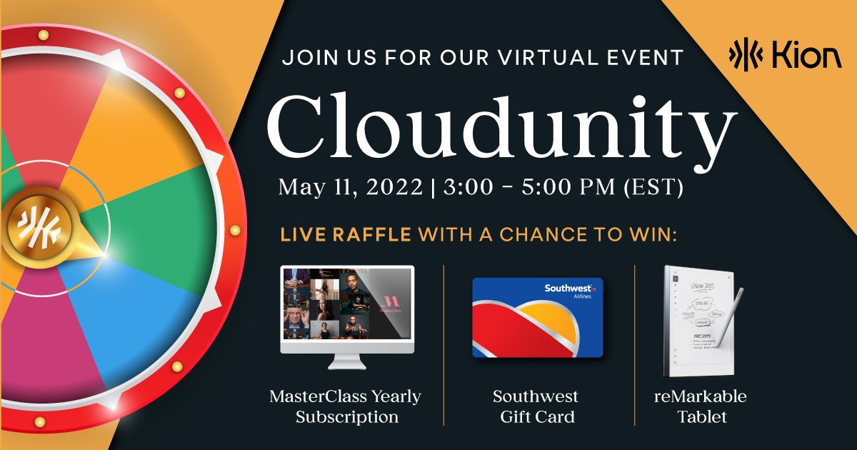 kionsoftware's tweet image. During our virtual #Cloudunity event on May 11, our attendees will get a chance to enter our live raffle and win one of three awesome prizes! Feeling lucky? Click on the link to register: hubs.ly/Q0189wB10 #innovation #cloud #cloudenablement