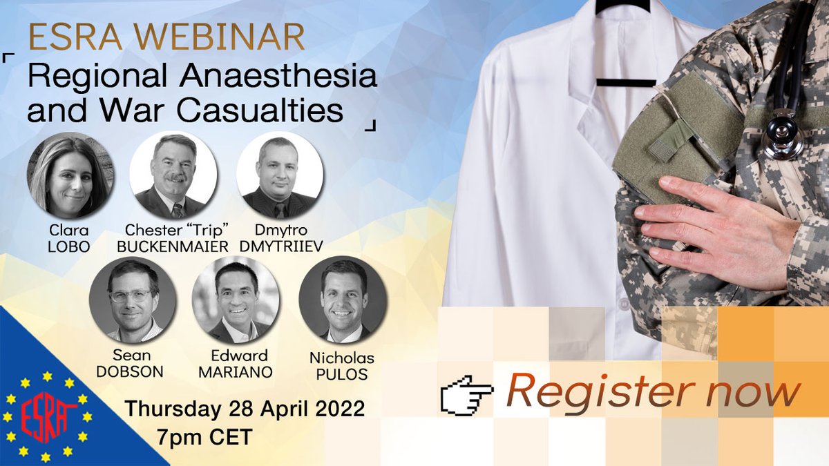 ESRA_Society's tweet photo. Following the crisis in 🇺🇦 we are organizing a special #ESRAwebinar
[#RegionalAnaesthesia &amp; War Casualties]
🗓 28 Apr 7pm CET
👥 Chaired by @claralexlobo, with C. “Trip” Buckenmaier III, D. Dmytriiev, S. Dobson, @EMARIANOMD &amp; @NickPulosMD
Register now 👉 https://t.co/iAX48GcSrE https://t.co/lY6isGpeLw