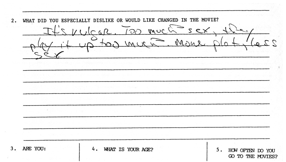 Comment cards from a test screening of David Cronenberg's VIDEODROME, 1983.
