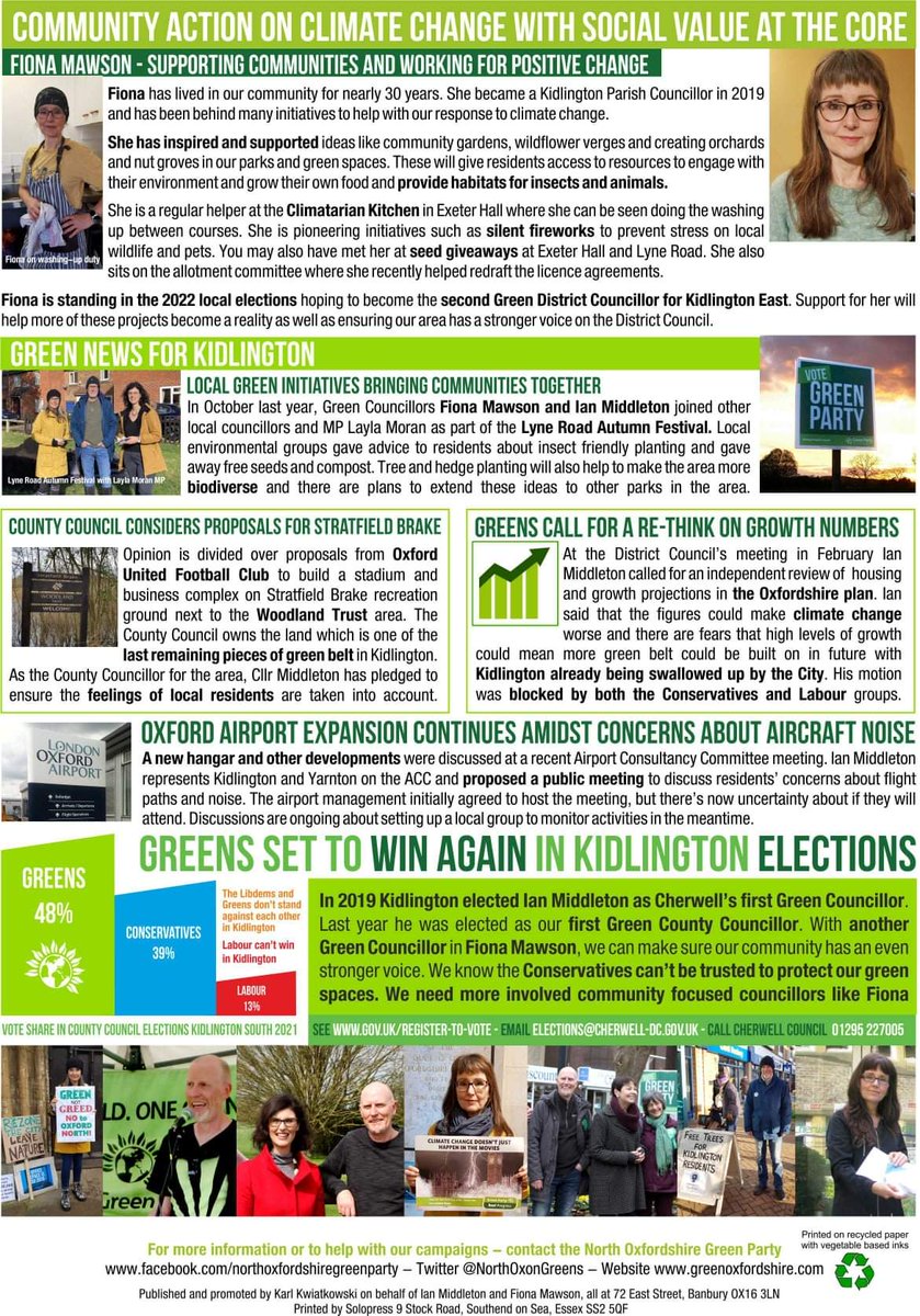 Working hard to get hard working Parish Councillor Fiona Mawson (@purrrmeister) elected to Kidlington East Ward. Some really good chats with people on the doorstep who want to see the back of the Tories here and know a vote for Fiona is the only way to secure that #VoteGreen