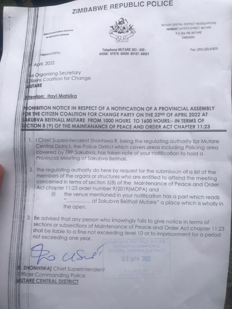advocatemahere's tweet photo. 🟡The regime in Harare is abusing @PoliceZimbabwe to ban the holding of meetings by @CCCZimbabwe. Our meeting scheduled for tomorrow has been prohibited without just cause. They are running scared. #RegisterToVoteZW🇿🇼 https://t.co/IyQr0BGxkw