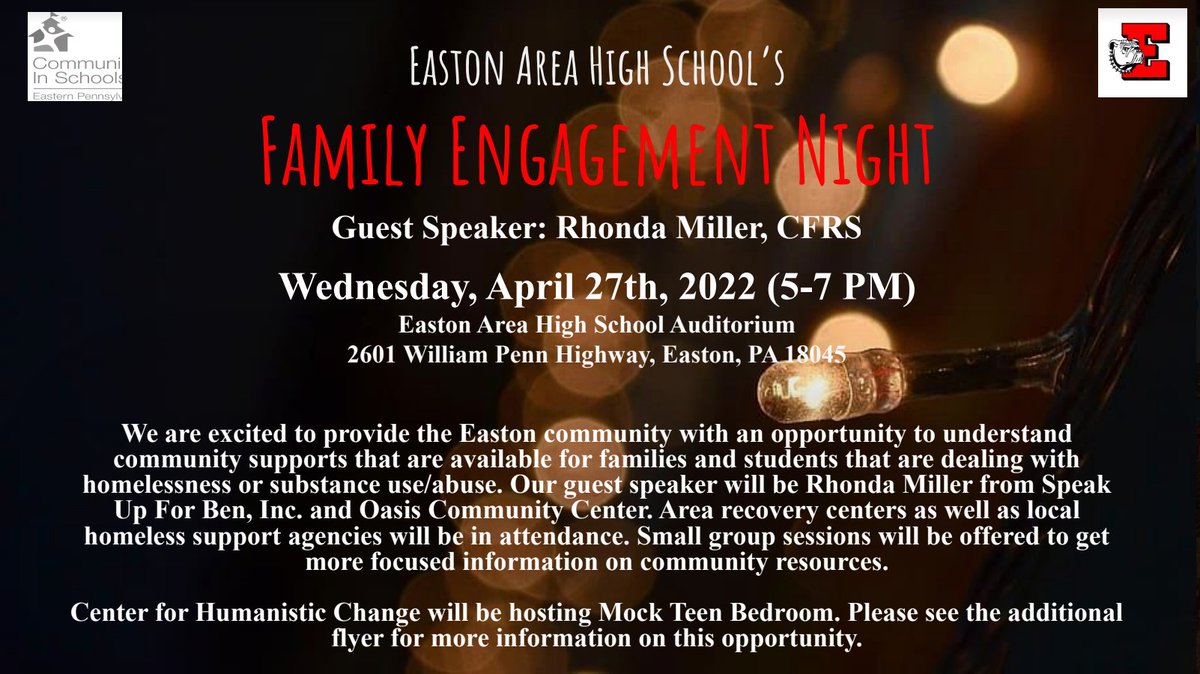 Easton Area High School will be hosting a Family Engagement Night on Wednesday, April 27th from 5-7 PM. The topics at this event will be focused on drug and substance abuse, homelessness and mental health supports including the Mock Teen Bedroom. Raffle prizes will also be drawn!