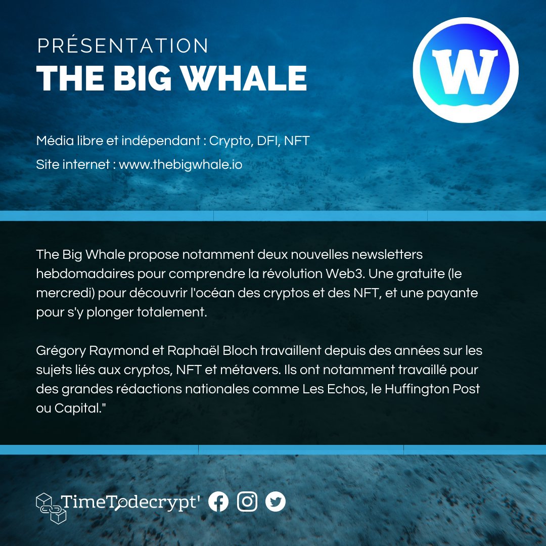 TimeTodecrypt's tweet image. 𝗕𝗜𝗚 𝗡𝗘𝗪𝗦 🚨 

@gregory_raymond  &amp;amp; @Raph_Bloch lancent leur nouveau média libre &amp;amp; indépendant : @TheBigWhale_ 

Leur site internet : thebigwhale.io 

Retrouvez Grégory Raymond &amp;amp; Raphaël Bloch le 26 avril  au Grand Rex à l'occasion de l'événement TimeTodecrypt