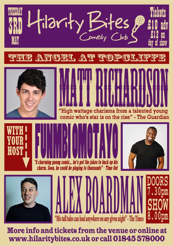 📅 Tuesday 3rd May 2022 📅

🤣 Comedy Night 🤣

🚪 Doors Open 7:30pm 🚪

🎤 Show Commences 8pm 🎤

Tickets available from hilaritybites.co.uk or by calling The Angel at Topcliffe on 01845 578000