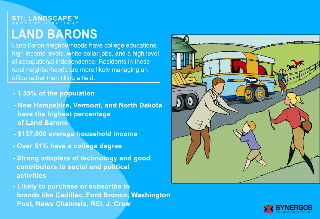 Residents in 'Land Barons' neighborhoods make great money, live on large plots of land, and have white-collar jobs. Check out this week's LandScape Segment highlight, and contact us today for a free sample! #geospatialdata #segmentation #psychographic