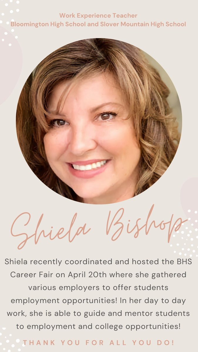 Thank you Shiela for all that you do! The Career Fair at BHS was a huge success thanks to you. We are so proud to be able to have you as one of our Work Experience Teachers! 

#CJUSDCTE #Proud2beCJUSD #CJUSDcares