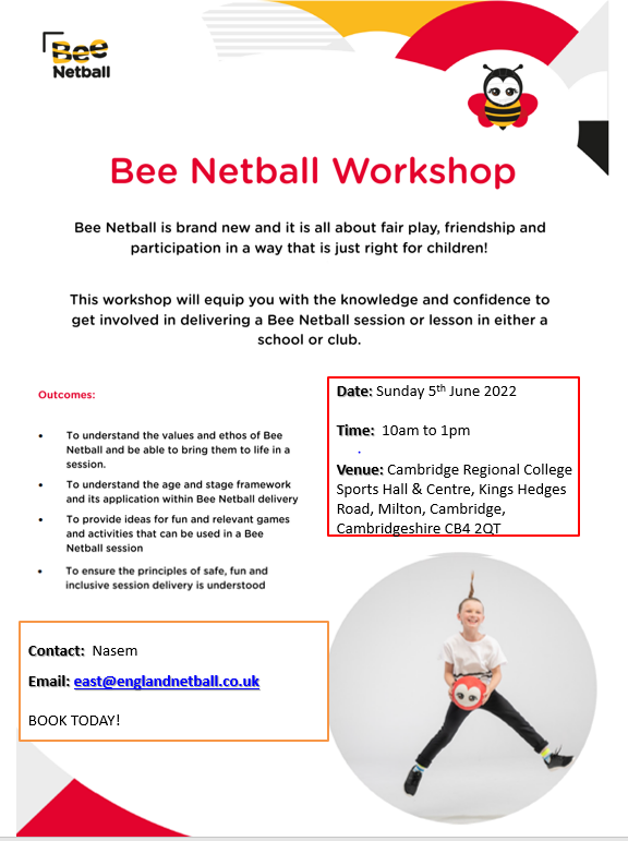 Become a BEE Netball coach!

The aim of this face-to-face workshop is to provide people with the skills, knowledge and confidence they need to be able to deliver a Bee Netball session aimed at children aged between 5 and 11 years.

Find out more:
englandnetball.co.uk/course/bee-net…
