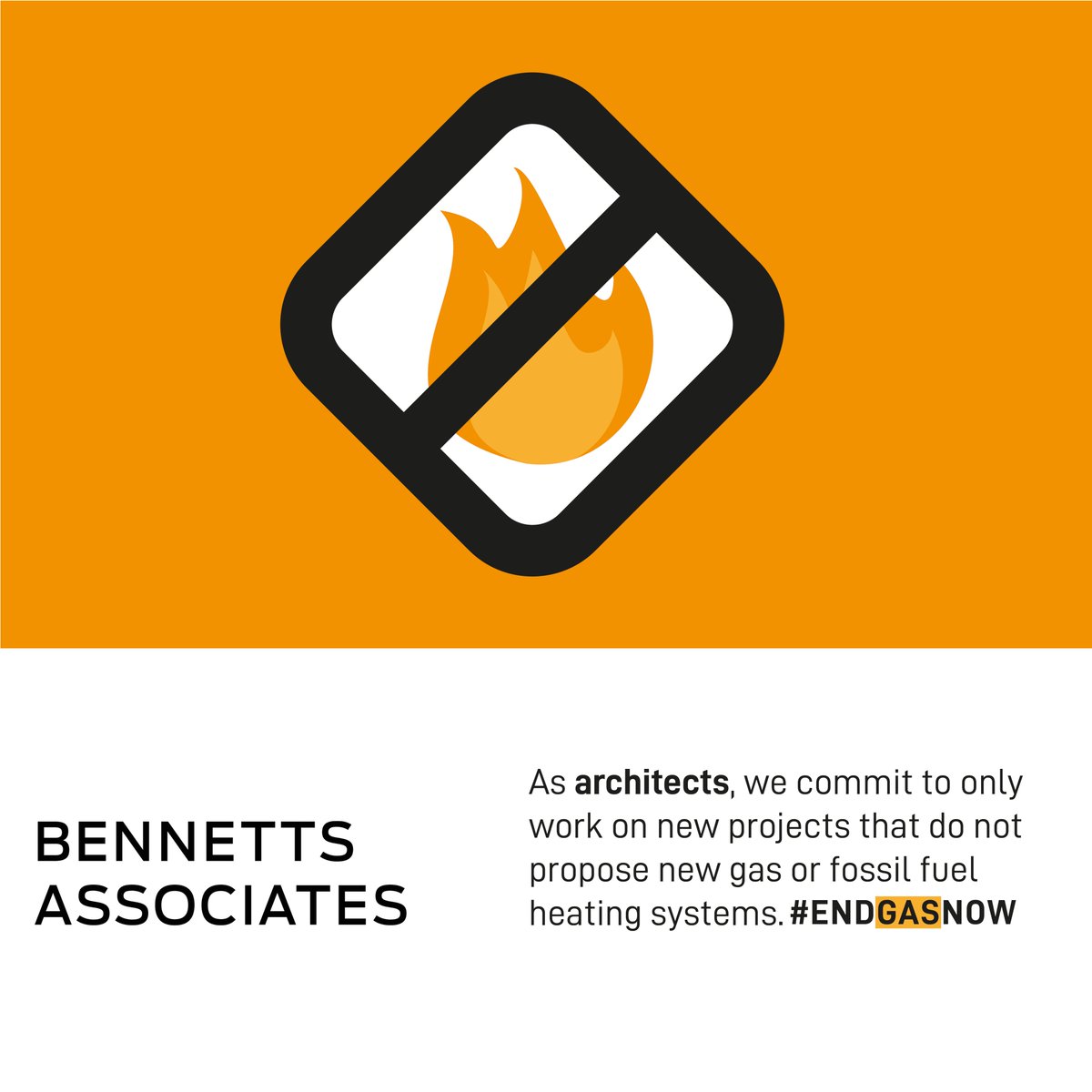 BennettsAssocs's tweet photo. We've joined the organisations that have pledged to end gas now by refusing to assist with the development or promotion of new projects that involve the installation of new or replacement gas or fossil fuel based heating systems! #ENDGASNOW https://t.co/rUbykUhSKL