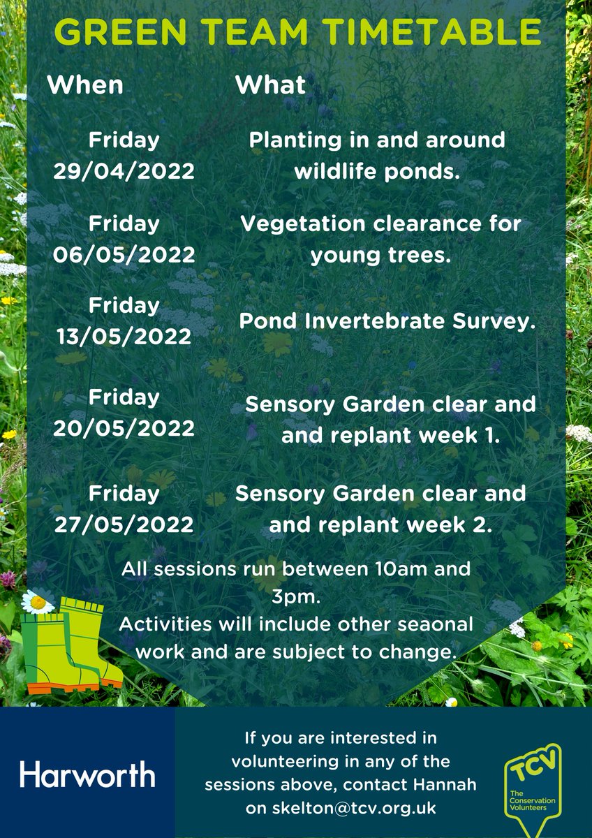 SkeltonGrange's tweet photo. Here's our Green Gym and Green Team time table for the next month!💚
They include a range of #outdooractivities, are free to attend and cups of tea are provided!
If you would like to come along, drop us a line on skelton@tcv.org.uk or 0113 243 0815.
#practicalconservation https://t.co/NKcUWzRImA