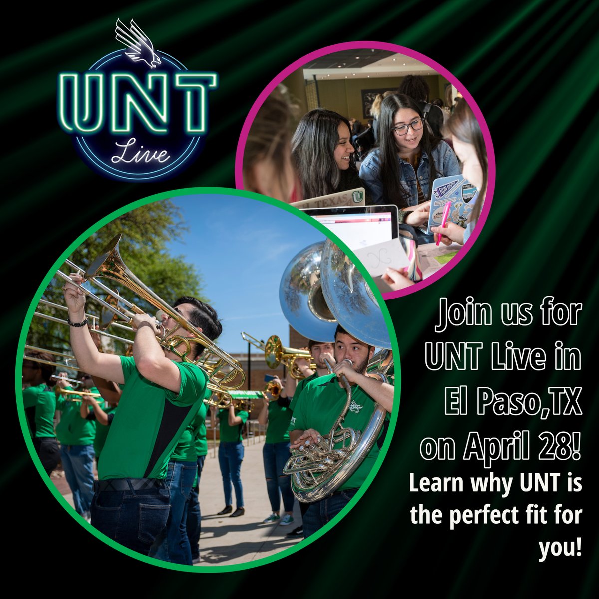 El Paso students -  UNT Live is coming to your city on April 28th!  Link in bio to learn more and register!
#MeanGreen #UNT #FutureEagles