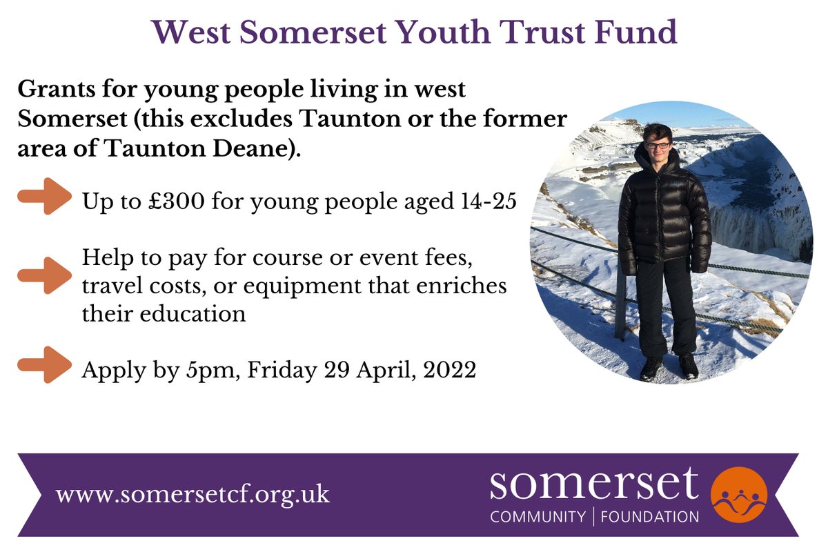 Somerset_CF's tweet photo. Could a grant help you, or a young person that you may know, who is aged 14-25 and lives in west Somerset? The West Somerset Youth Trust Fund is now open to applications.
π§Find out more & apply here (before Friday 29 April): https://t.co/qutF6d6Lpc https://t.co/iU7JxS8DV2