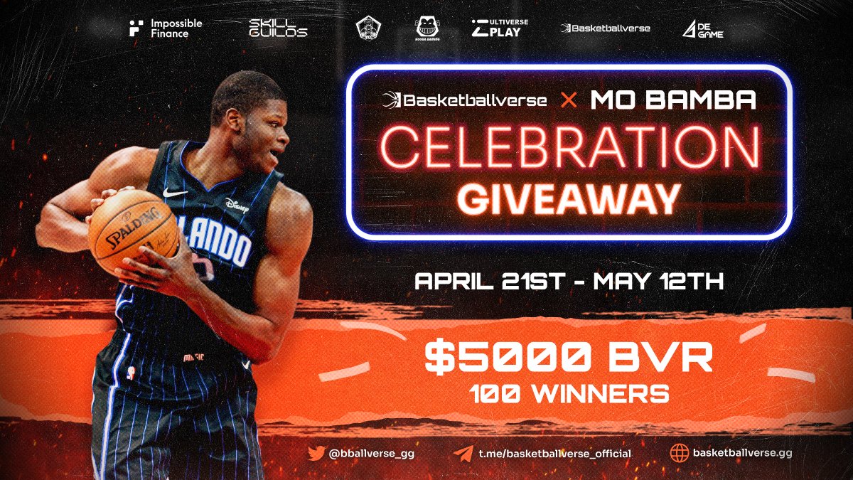 Basketballverse (@bballverse_gg) on Twitter photo ⛹️Hey!
🥳 We invite everyone to celebrate Mo Bamba in #Basketballverse!
🍾Celebrate with our partners <a href="/impossiblefi/">Impossible Finance</a> <a href="/SkillGuilds/">Skill Guilds</a> <a href="/MetaGamingGuild/">MetaGaming Guild</a> <a href="/HoogaGaming/">Hooga Gaming</a> <a href="/degame_l2y/">DeGame</a> <a href="/multiverse_play/">Multiverse Play.Consensus Driver</a>
🤸♂️Enter to win $5000 $BVR 🏆
gleam.io/5CR6i/basketba…
🚀Join #Celebration #Giveaway! ⛹️Hey!
🥳 We invite everyone to celebrate Mo Bamba in #Basketballverse!
🍾Celebrate with our partners <a href="/impossiblefi/">Impossible Finance</a> <a href="/SkillGuilds/">Skill Guilds</a> <a href="/MetaGamingGuild/">MetaGaming Guild</a> <a href="/HoogaGaming/">Hooga Gaming</a> <a href="/degame_l2y/">DeGame</a> <a href="/multiverse_play/">Multiverse Play.Consensus Driver</a>
🤸♂️Enter to win $5000 $BVR 🏆
gleam.io/5CR6i/basketba…
🚀Join #Celebration #Giveaway!