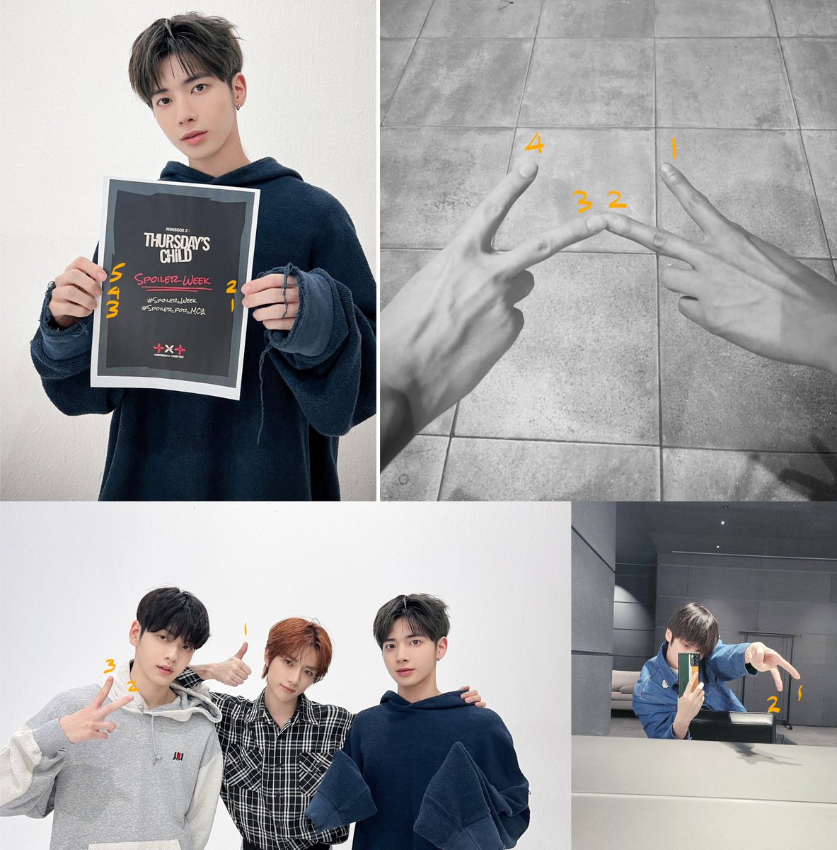 jaemiisseoyoyo's tweet photo. They're counting down!
Taehyun has 5 fingers holding the #Spoiler_For_MOA poster.
Yeonjun + Hueningkai's Vs = 4 
Soobins's V + Beomgyu's thumb = 3
HK's gyaru V = 2
BG's🤫 = 1

The ultimate spoiler will drop tomorrow.
#Thursdays_Child #SpoilerWeek
@TXT_members https://t.co/K8YBBnqbfb