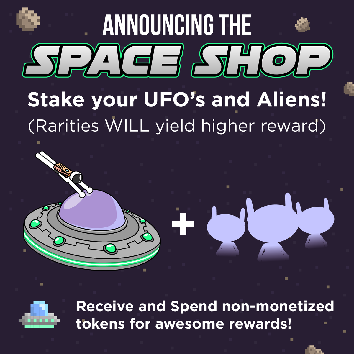 BAD__nfts's tweet photo. BABY ALIENS HAS STAKING? WHAAAAAT?
Baby Aliens will be staked - 3 to each UFO, just like MM Treehouses. You will gain non-monetized tokens to redeem for some KILLER REWARDS!
Some Details about our upcoming Space Shop :)
Date: TBA (soon)
Where: https://t.co/q0wDiNtsxl https://t.co/ftWLzenFYf