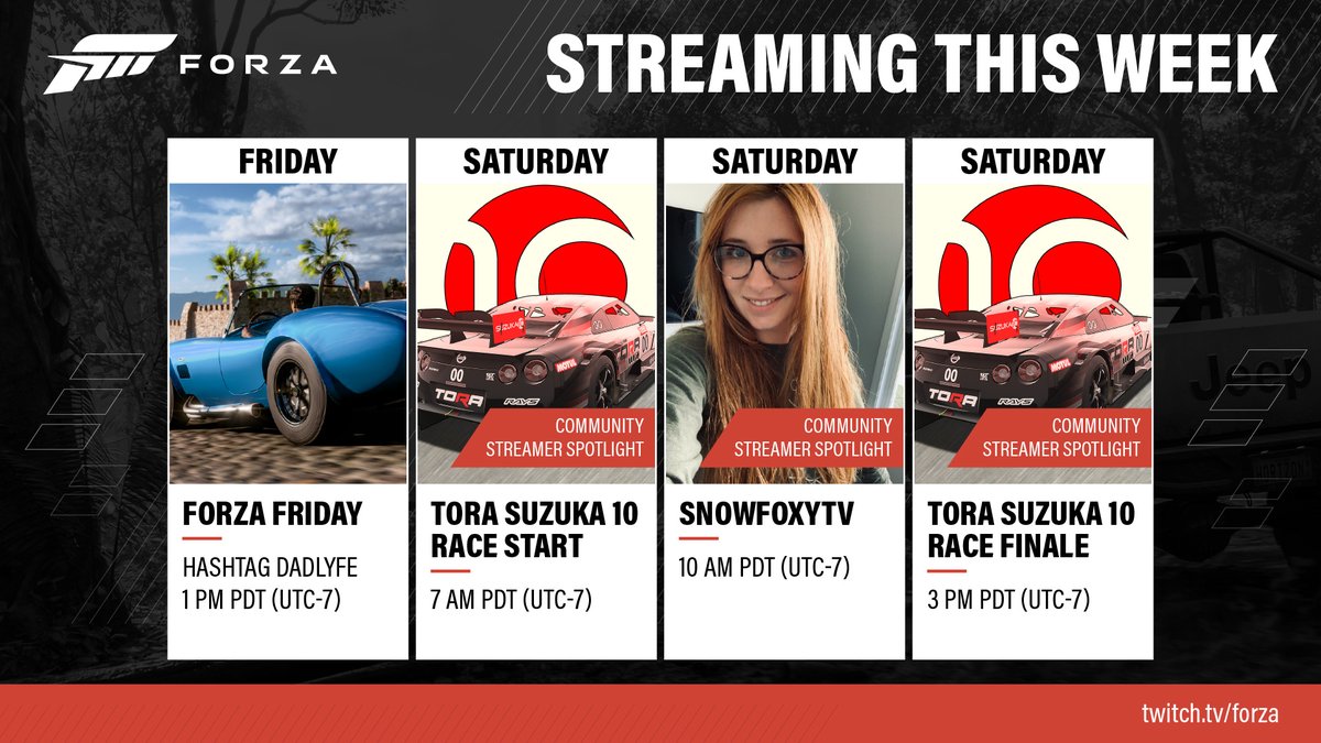 ForzaHorizon's tweet photo. This weekend is packed with exciting streams featuring our community streamers, including the folks at @TheReal_TORA, as well as @SnowFoxyTV over on https://t.co/rXLuDb5sWb. https://t.co/nWxTXbkeda