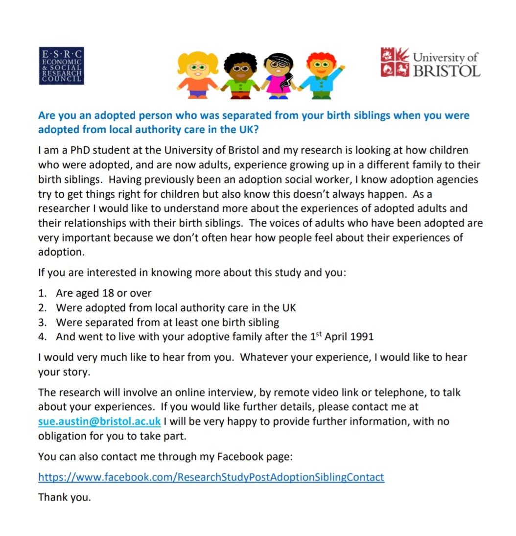 UoBstudentsue's tweet photo. Thank you for all the supportโค๏ธ
It would be great to hear from more people who feel able to share their story.
Adoptee voices are important in research.
If you're thinking about taking part please get in touch.
#siblingstogether #postadoptionsupport #postadoptioncontact https://t.co/8leeGiM0R0