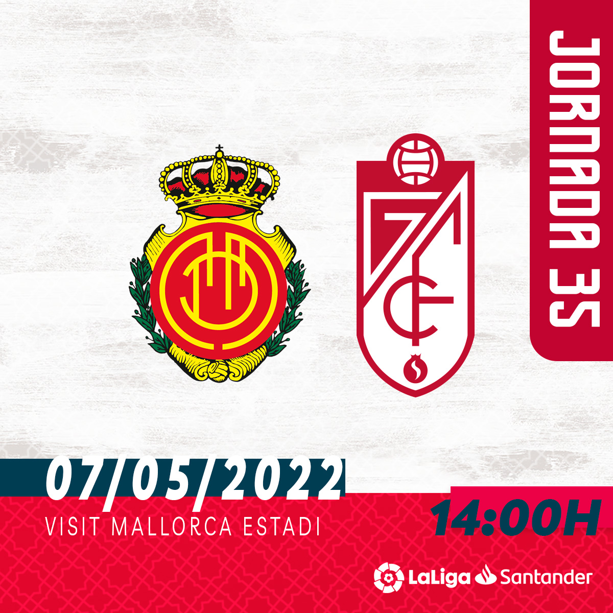 🗓️ La jornada 35 de #LaLigaSantander nos lleva a Mallorca el sábado 7 de mayo. 

#RCDMallorcaGranada #EternaLucha