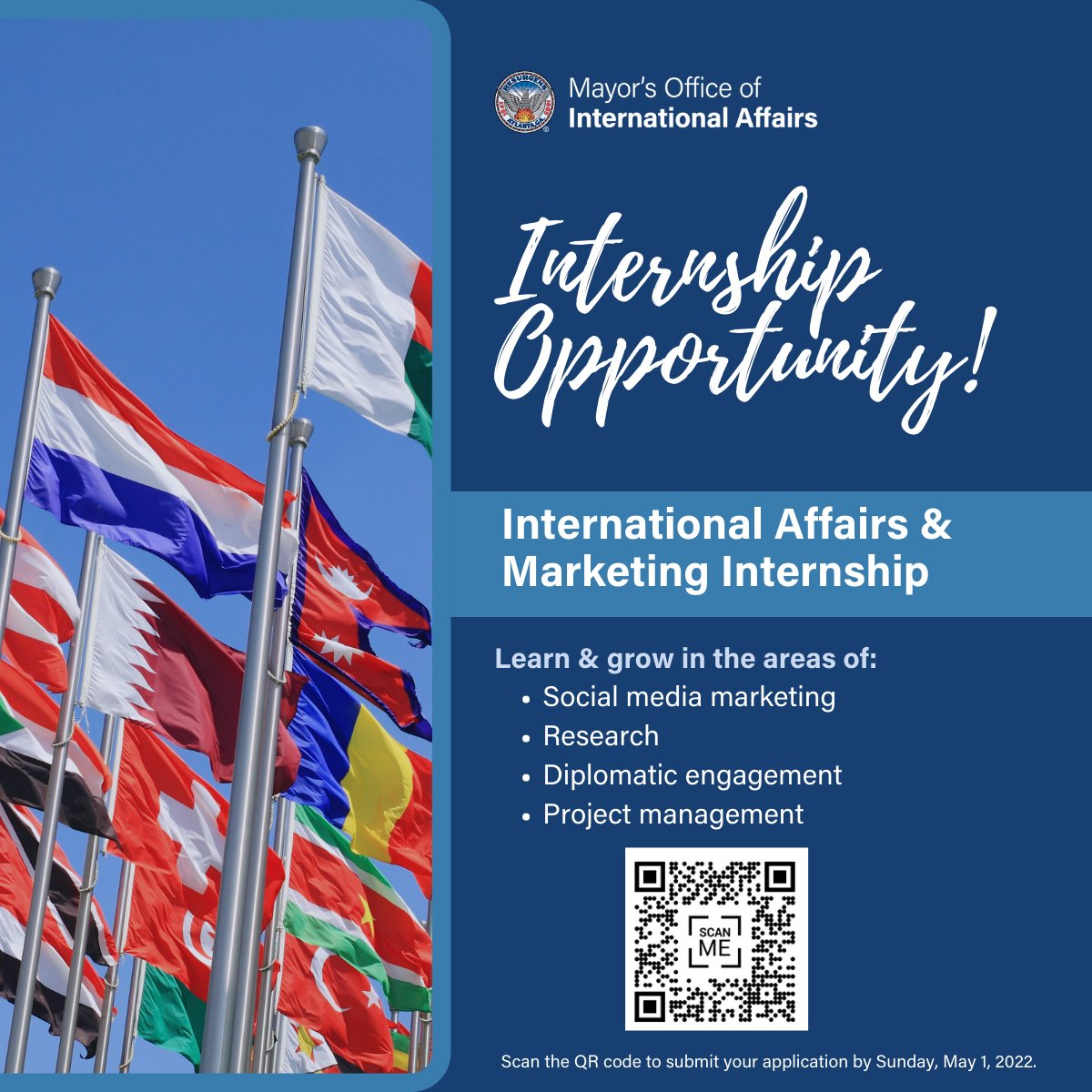 👋 Great opportunity to join our team! We're looking for an International Affairs &amp; Marketing intern for #Summer2022! Are you a student interested in growing in the International Affairs field? Apply today! 👉 bit.ly/32RK50U

Application closes Sunday, May 1st!