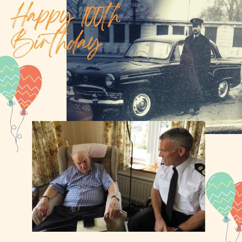 ClevelandPolice's tweet photo. Our Chief joined @narpocleveland in wishing retired Chief Superintendent Bill Kitching a happy 100th birthday. Mr Kitching is proud to share his special day with the Queen and was a servant of the Crown for 41 years as well as serving in the RAF during WW2. All the best Bill! https://t.co/l7vwCmdvNx