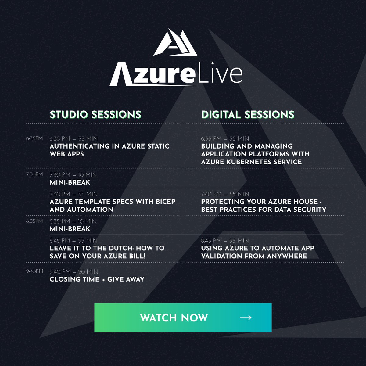 LiveAzure's tweet photo. Go big or go home. What do you pick?
Join our evening sessions with great speakers tonight! 
Check the program below👇👇👇

#AzureLive #Tonight #Sessions https://t.co/il7YoeG6PY