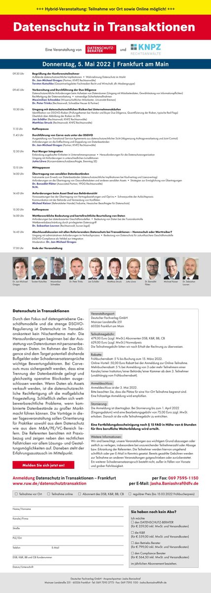 veranstaltungen.ruw.de/veranstaltunge…
Heute in 2 Wochen: #Datenschutz in #Transaktionen! Die Tagung von <a href="/DSBerater/">DatenschutzBerater</a> und #KNPZ. Vielen Dank u.a. an <a href="/Schnebbem/">Maximilian Schnebbe</a> <a href="/grages_jm/">Jan-Michael Grages</a> @SebastianLouven <a href="/JuLoewe/">Jutta Löwe🇺🇦</a> uvm.