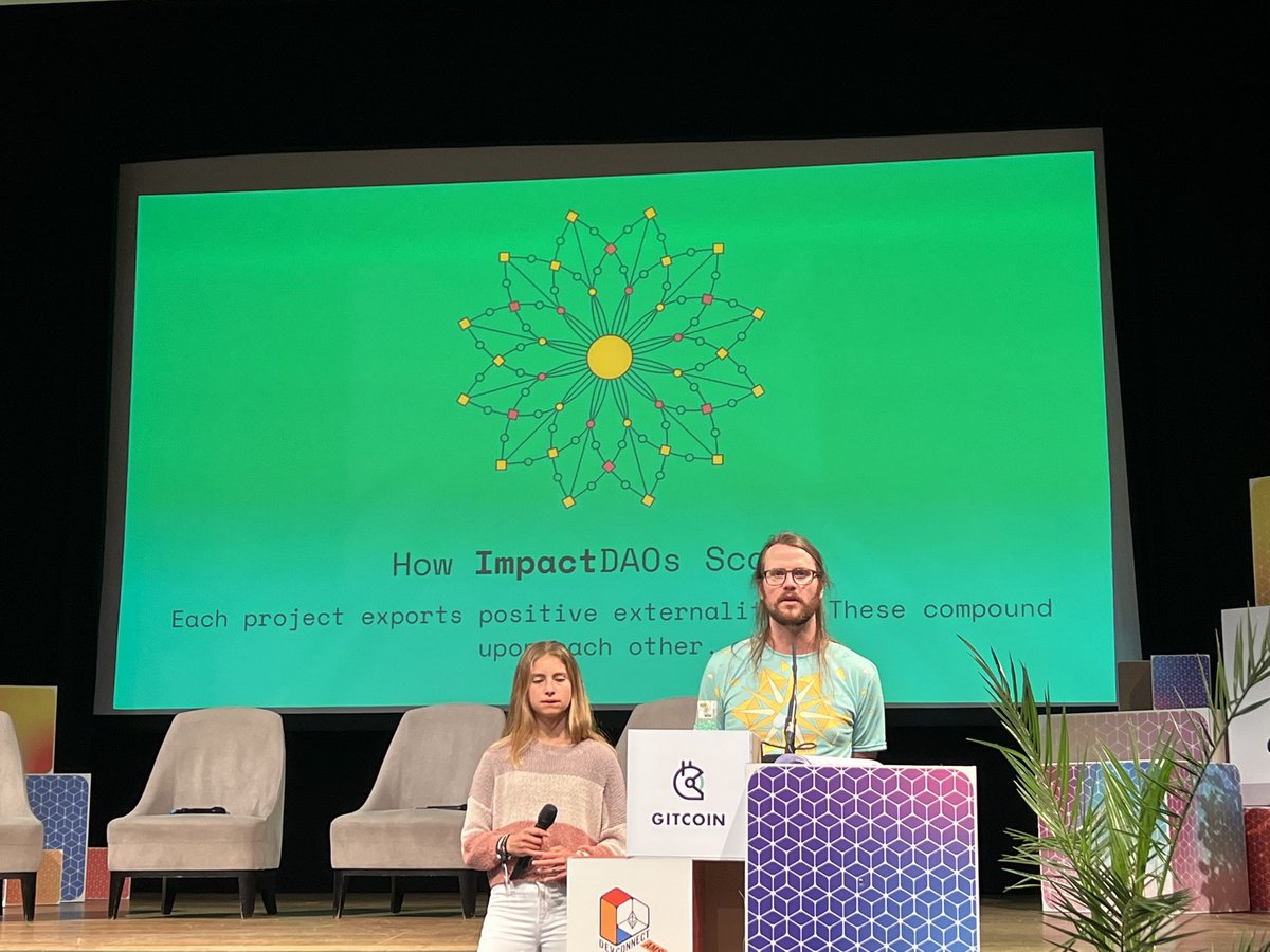 xdamman's tweet image. Ale &amp;amp; Kevin presenting ImpactDAOs, DAOs that have a positive externality in the world. 

The Internet of values: We can embed our values into our economic system. 👌  #SchellingPoint #RegensUnite