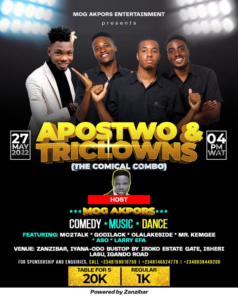 Apostwo's tweet photo. Good Day My Discipulls 👣
FRIDAY 27th MAY 2022 @Apostwo and @triclowns THE COMICAL COMBO.
PROPER AND WELL TAILORED STANDUP COMEDY
More details on the flier.
#ApostwoMustHearThis #TheRuminativeComedain #APOSTWOAndTRICLOWNS #THECOMICALCOMBO
#StandUpComedy https://t.co/B6e9Z9ExQf