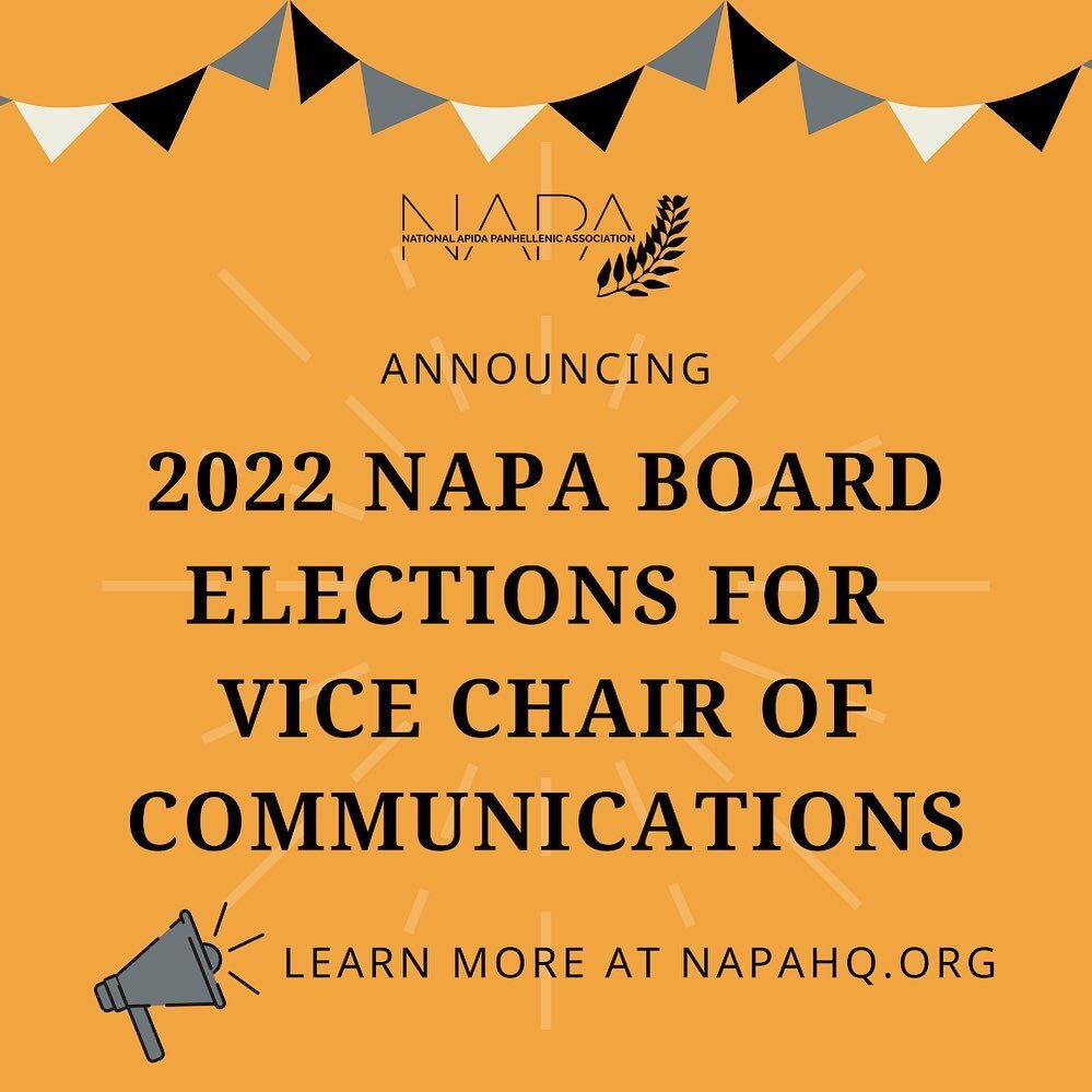 On behalf of the National APIDA Panhellenic Association (NAPA) headquarters, we hereby announce the 2022 elections for Vice Chair of Communications open!! 

As Vice Chair of Communications, you work closely with the Executive Board on the strategic plann… instagr.am/p/CcnhHQ2OZM8/
