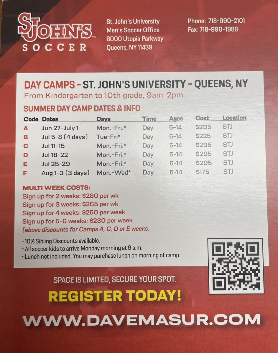 2022 Summer Soccrr Camps are fast approaching! Register online at davemasur.com or call 718-990-2101 to get registered!