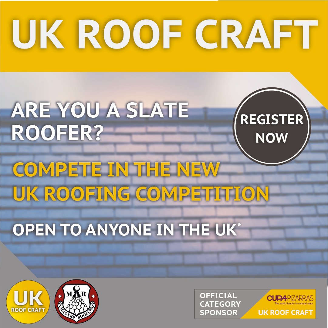 Are you a slate roofer? Compete in UK Roof Craft 2022!

Open to anyone in the UK over the age of 18*. 

REGISTER NOW at masterroofers.co.uk/ukroof-registr…

For more information, visit masterroofers.co.uk

Proudly sponsored by <a href="/CUPAPIZARRAS_en/">CUPA PIZARRAS</a> 

cupapizarras.com/uk/

#competition