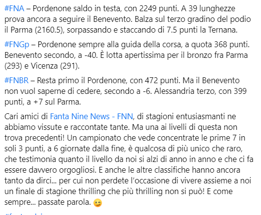 fanta9news's tweet photo. I risultati della 17^ giornata del #fantacalcio di #Fantanine (dopo il recupero di #UdineseSalernitana): #FNL (Campionato), #FNA, #FNGp e #FNBR!
Si prega di aprire con cautela prima di leggere la classifica di campionato, grazie. 🙏
#FantaSerieBKT https://t.co/0rERwa89aF