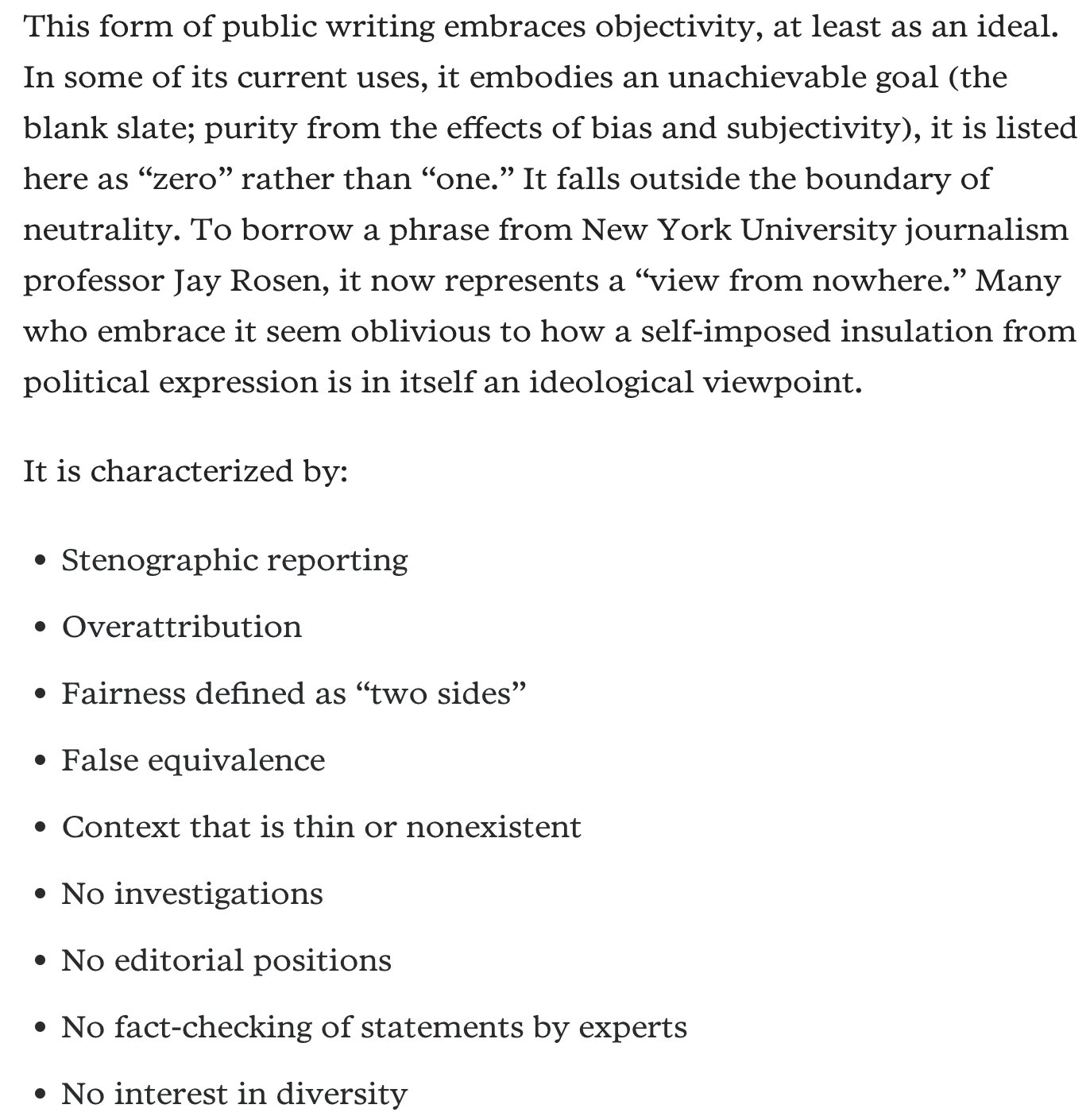 Jay Rosen on X: "In this adventurous column, @RoyPeterClark distinguishes  between "objectivity" in journalistic writing, and "neutrality," which  comes in different degrees of... Here he lists some of the common features  of
