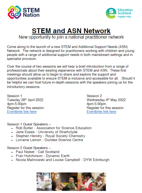 STEMedscot's tweet photo. New opportunity to join a national practitioner network on STEM and ASN. 
Join us using the following Eventbrite links:
Tuesday 26 April Eventbrite link https://t.co/KFEbg4TQmO
Wednesday 4 May Eventbrite link
https://t.co/eujGPio5ER https://t.co/uHPc94iQrb
